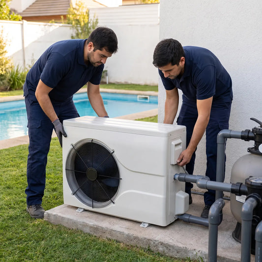 Dos técnicos instalando una bomba de calor de piscina junto al filtro
