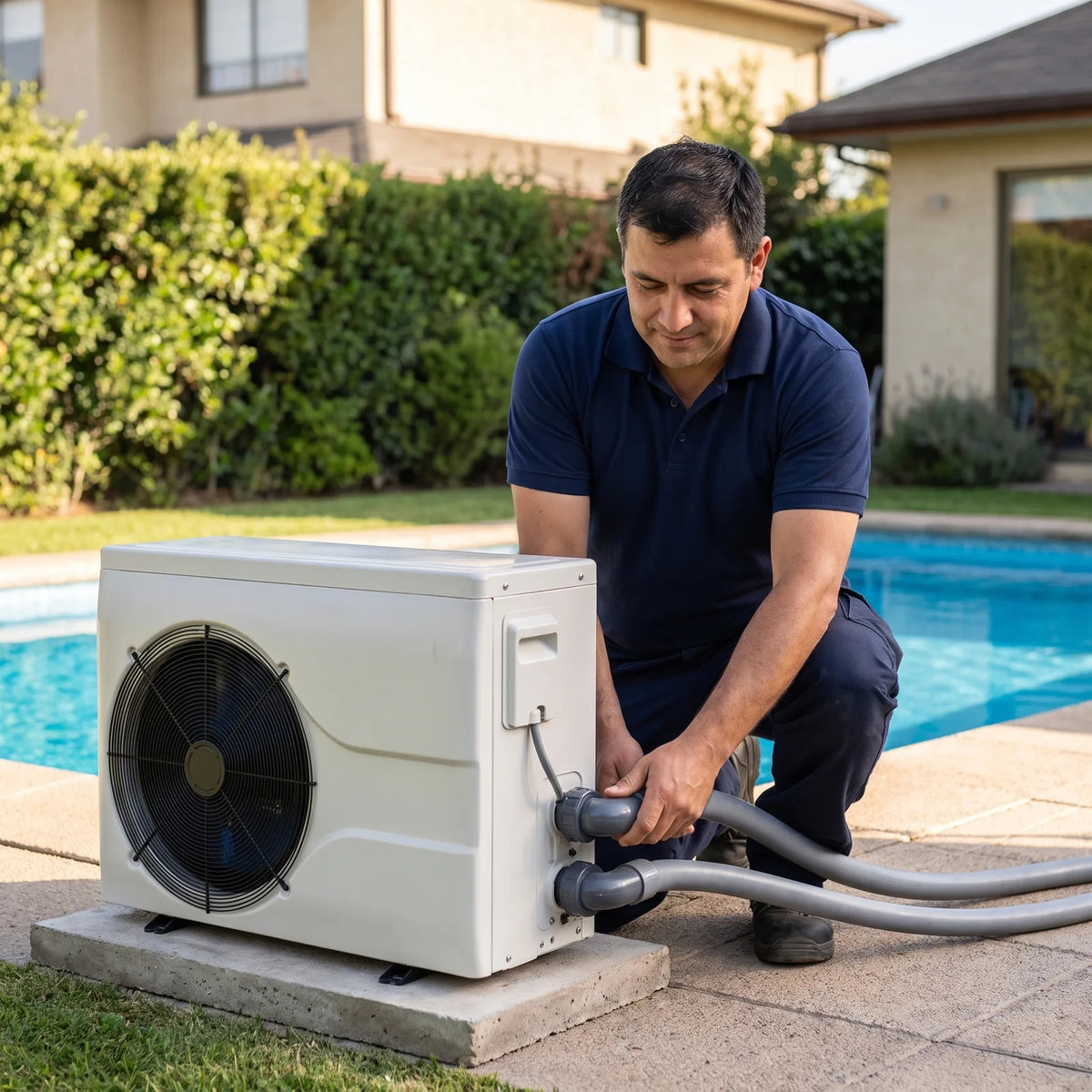 Técnico conectando la cañería de una bomba de calor de piscina junto a la piscina