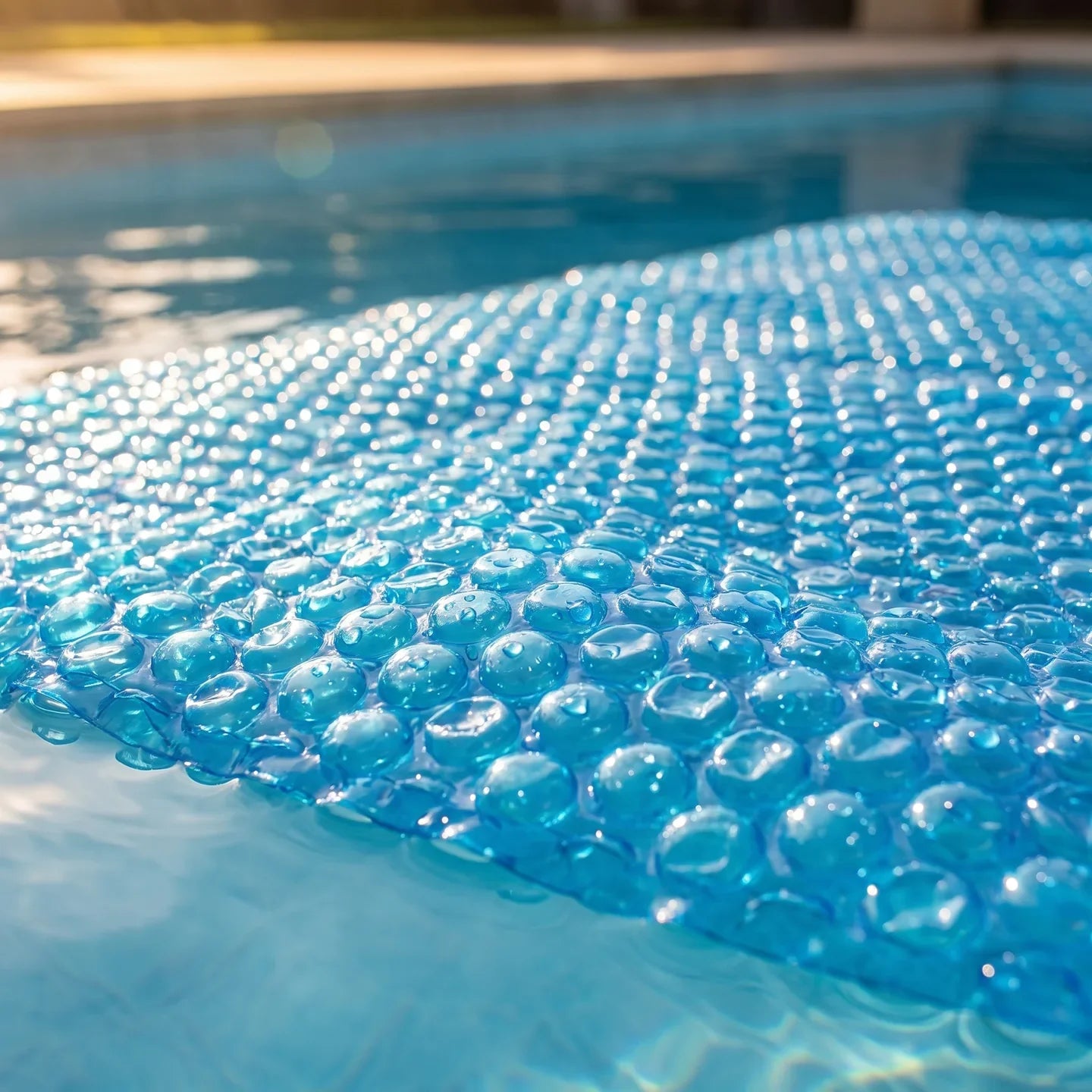 Detalle de la manta térmica de burbujas flotando sobre el agua de la piscina