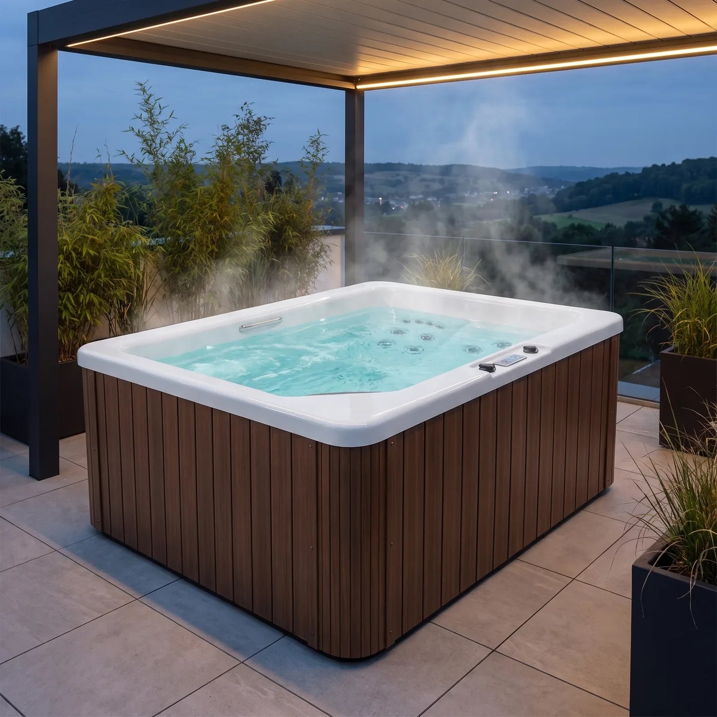 Spa Brisa para 3 personas en una terraza con pérgola y vista al valle, con agua caliente y vapor