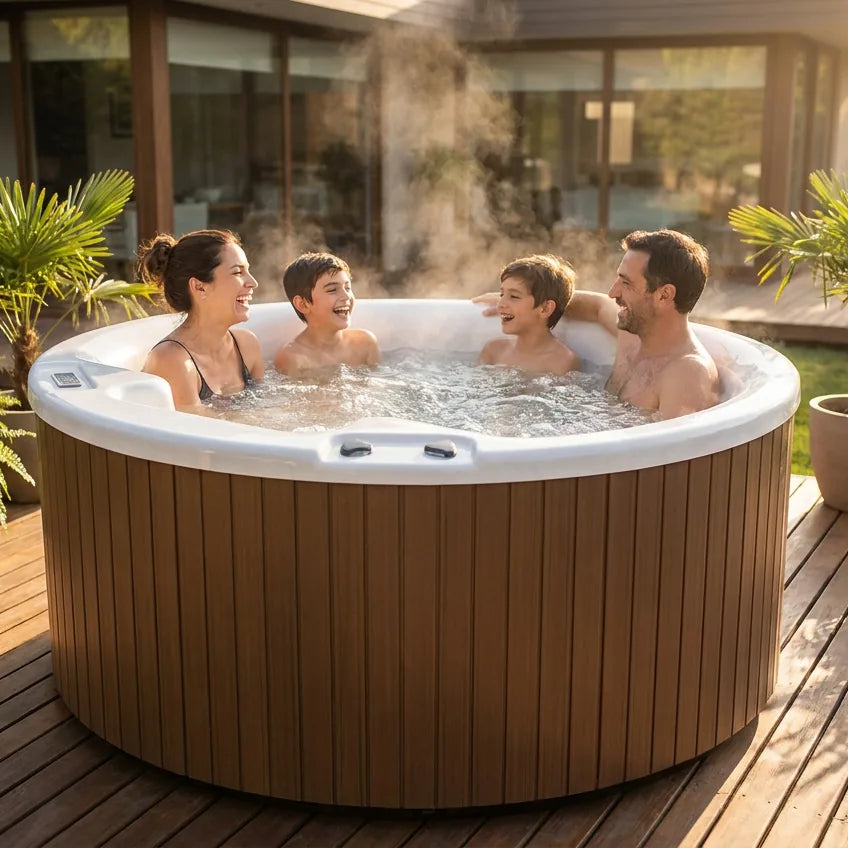Familia disfrutando el Spa Tahiti en la terraza de su casa