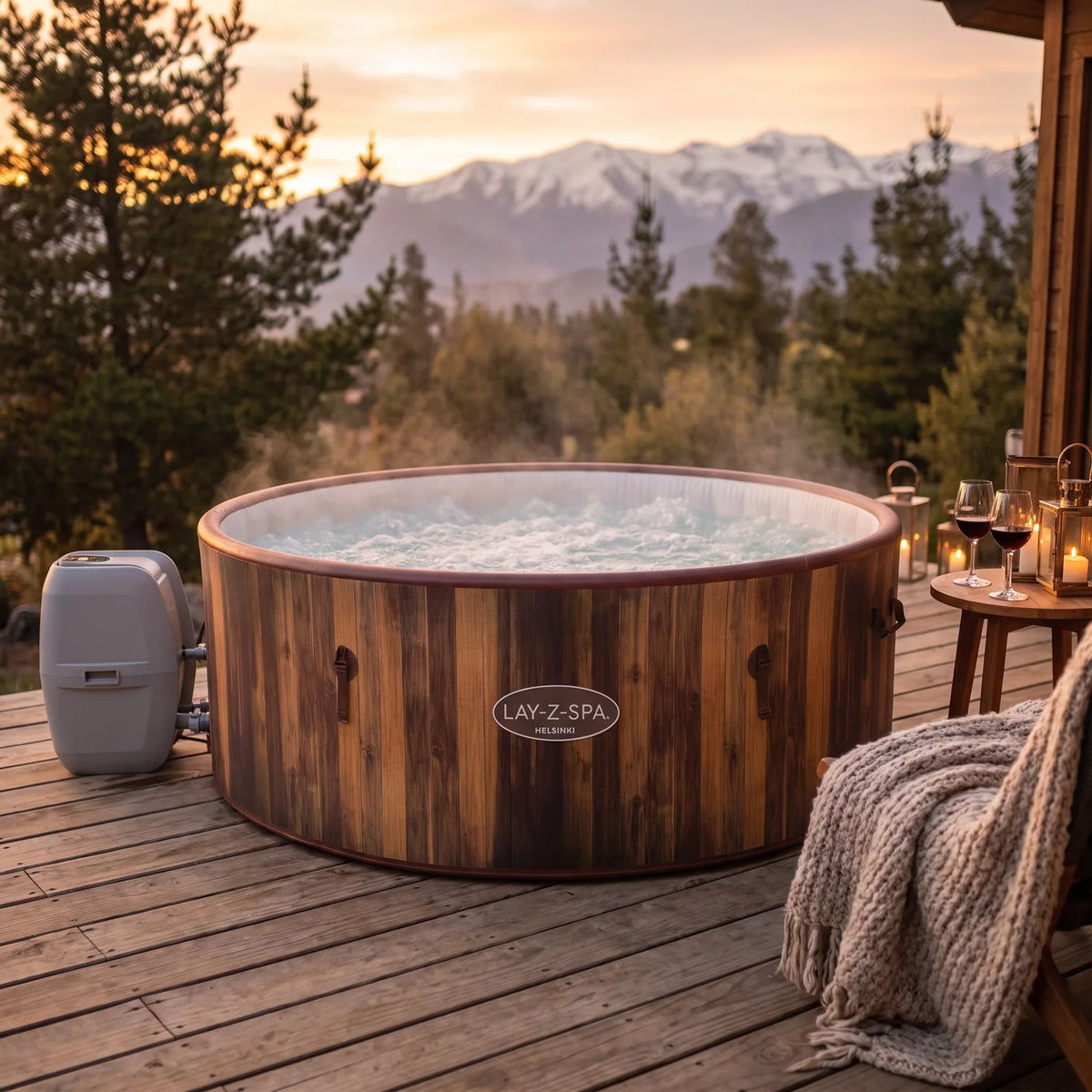 Spa Inflable Bestway Helsinki Smart AirJet Wi-Fi 5-7 Personas en una terraza al atardecer