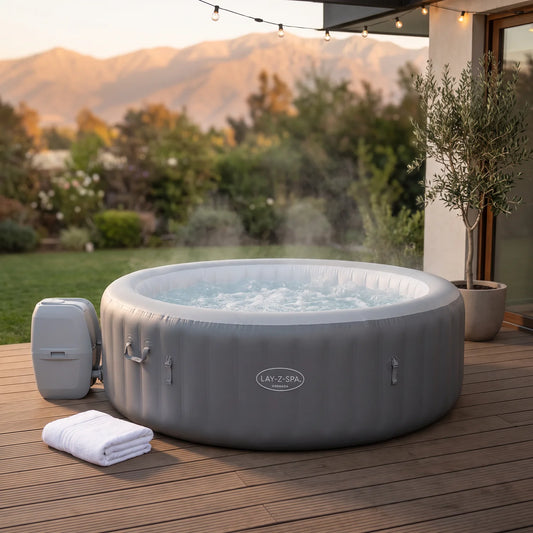 Spa Inflable Bestway Lay-Z-Spa Grenada AirJet 6-8 Personas en una terraza al atardecer
