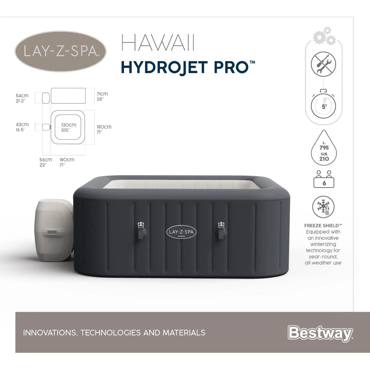 Spa Inflable Bestway Lay-Z-Spa Hawaii HydroJet Pro 4-6 Personas: medidas