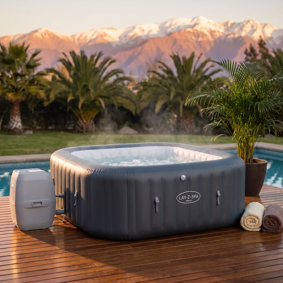 Spa Inflable Bestway Lay-Z-Spa Hawaii HydroJet Pro 4-6 Personas en una terraza al atardecer