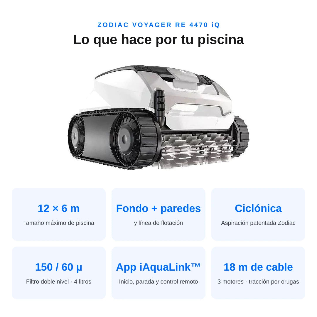 Robot Limpiafondos Zodiac Voyager RE 4470 iQ – características: hasta 12 × 6 m, aspiración ciclónica, filtro doble nivel y 18 m de cable
