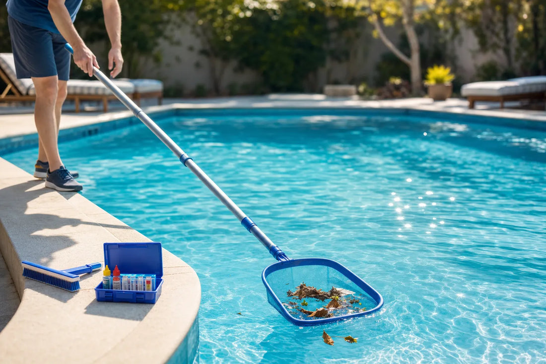 Persona limpiando una piscina con sacahojas junto a un kit de test de agua