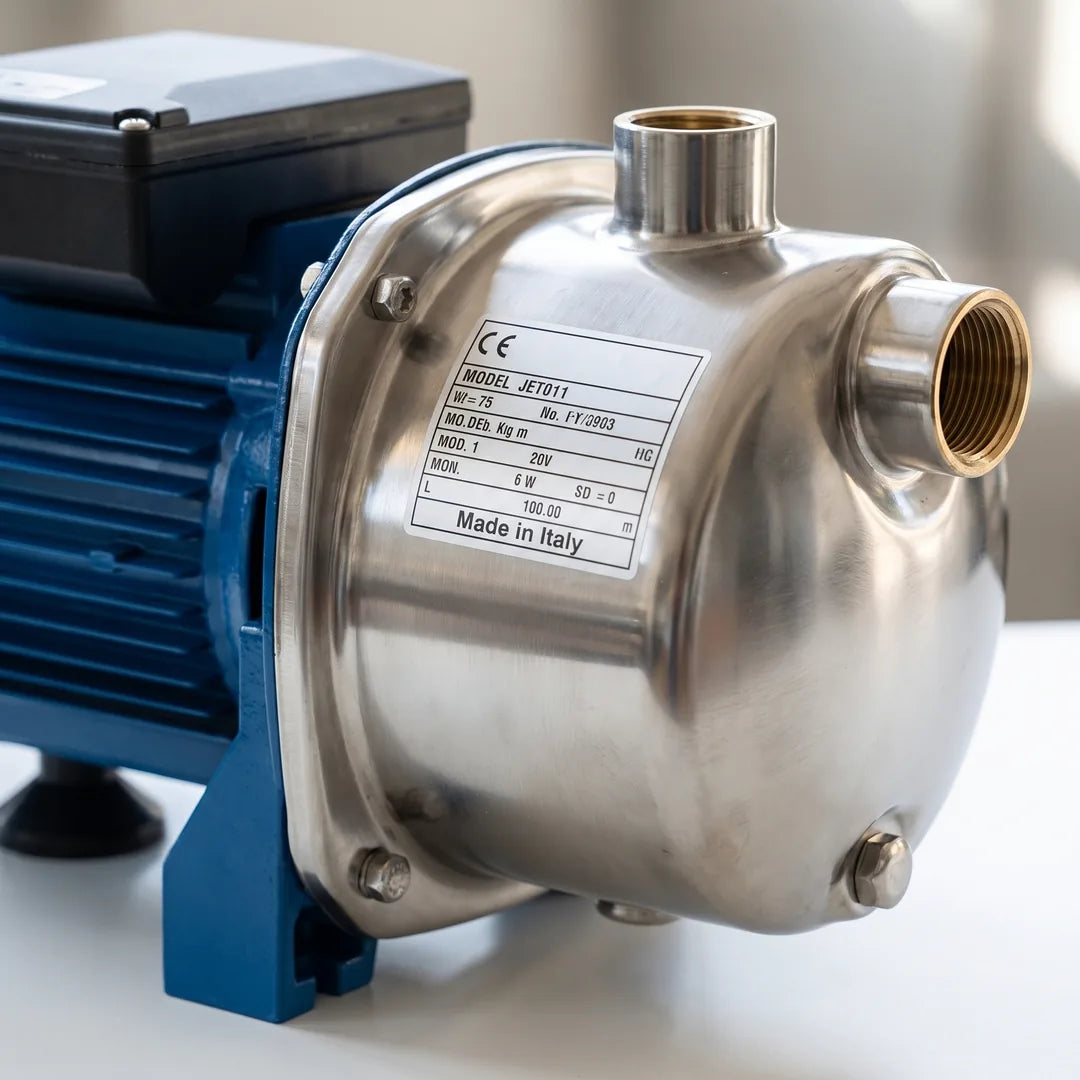 Bomba Autocebante Jet Inox Reggio SJX 80 0.8HP 220V — detalle del motor y roscas