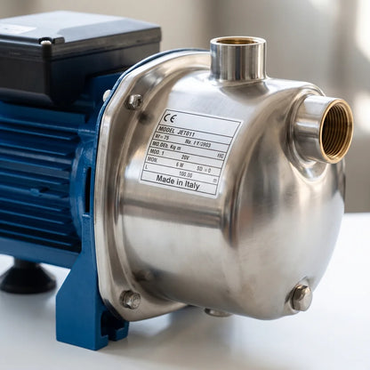 Bomba Autocebante Jet Inox Reggio SJX 80 0.8HP 220V — detalle del motor y roscas