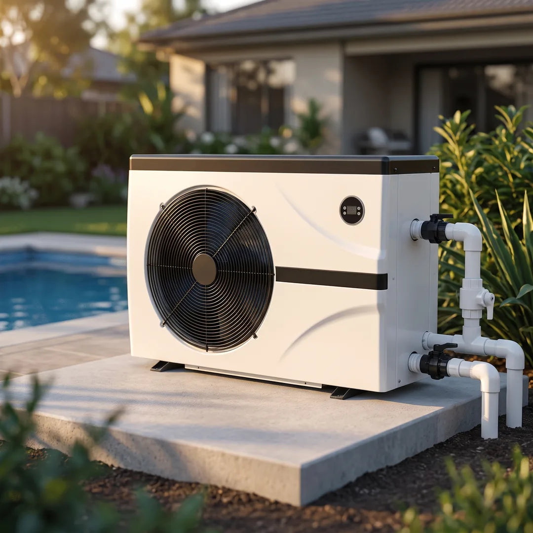 Bomba de calor aquark mr. eco epn07 inverter 30m3 220v — instalada junto a la piscina