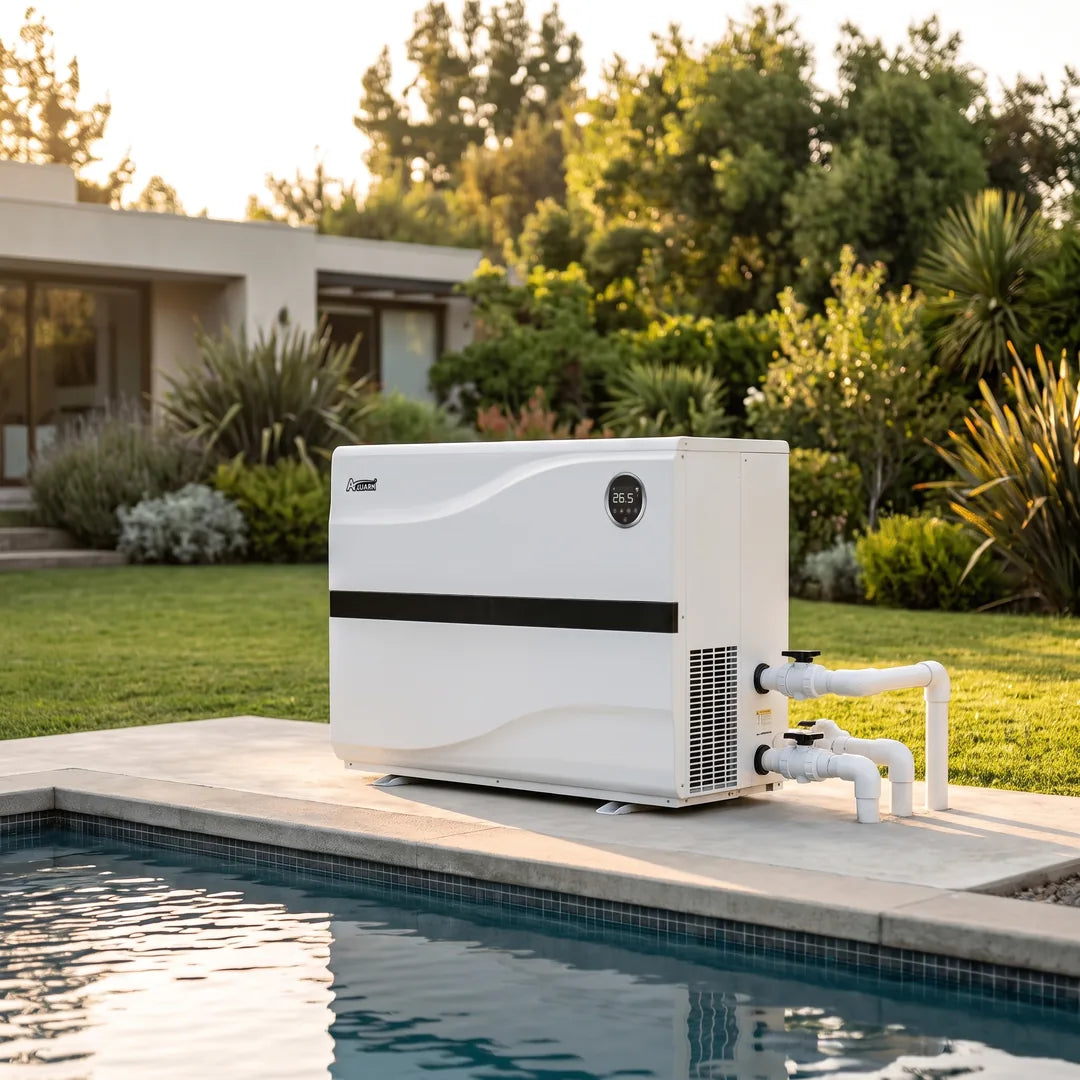 Bomba de calor aquark mr. silence as210 95m3 220v — instalada junto a la piscina