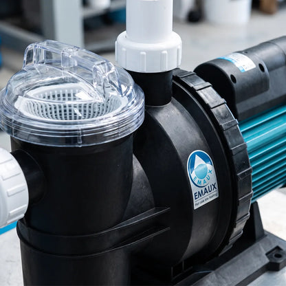 Bomba de filtrado | sc150 | 1,5 hp | 220v — detalle del prefiltro y etiqueta