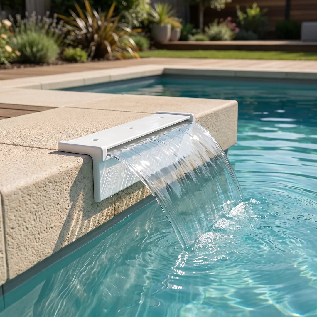 Cascada Abs – Lamina De Agua 30Cm Ancho — instalada en el muro de la piscina