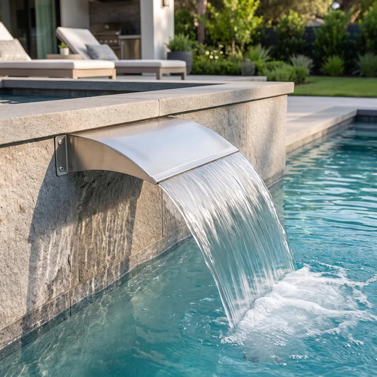 Cascada Aisi C340 – Pared Ancho 34Cm Rm 1 1/2″ Conex A 40Mm — instalada en el muro de la piscina