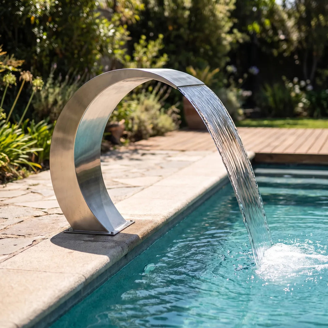 Cascada Aisi Palma 78 (Ancho 50Cm, Alto 78Cm) Rm 1 1/2″ — instalada en el muro de la piscina