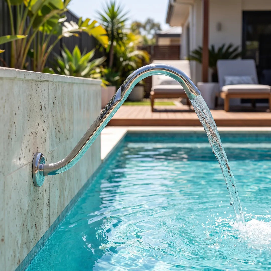 Cascada Aisi Tubular Boq Pl Pared/Fte Largo 43Cm — instalada en el muro de la piscina