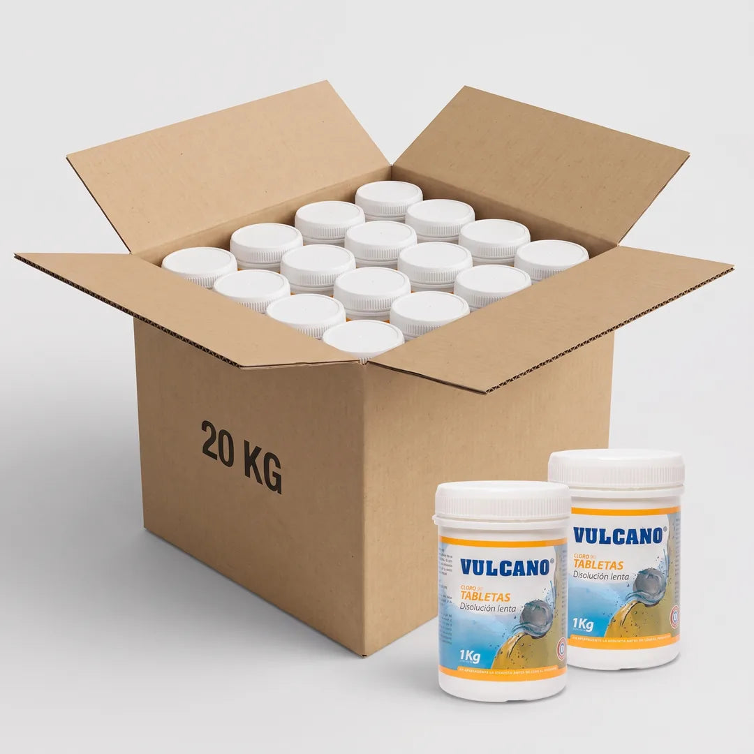 Cloro en Tabletas 90% Vulcano – Caja 20 Kg (20 potes de 1 Kg)