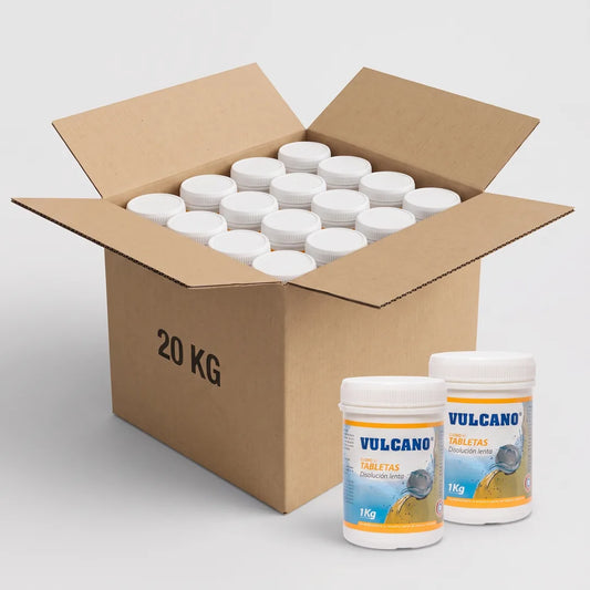 Cloro en Tabletas 90% Vulcano – Caja 20 Kg (20 potes de 1 Kg)