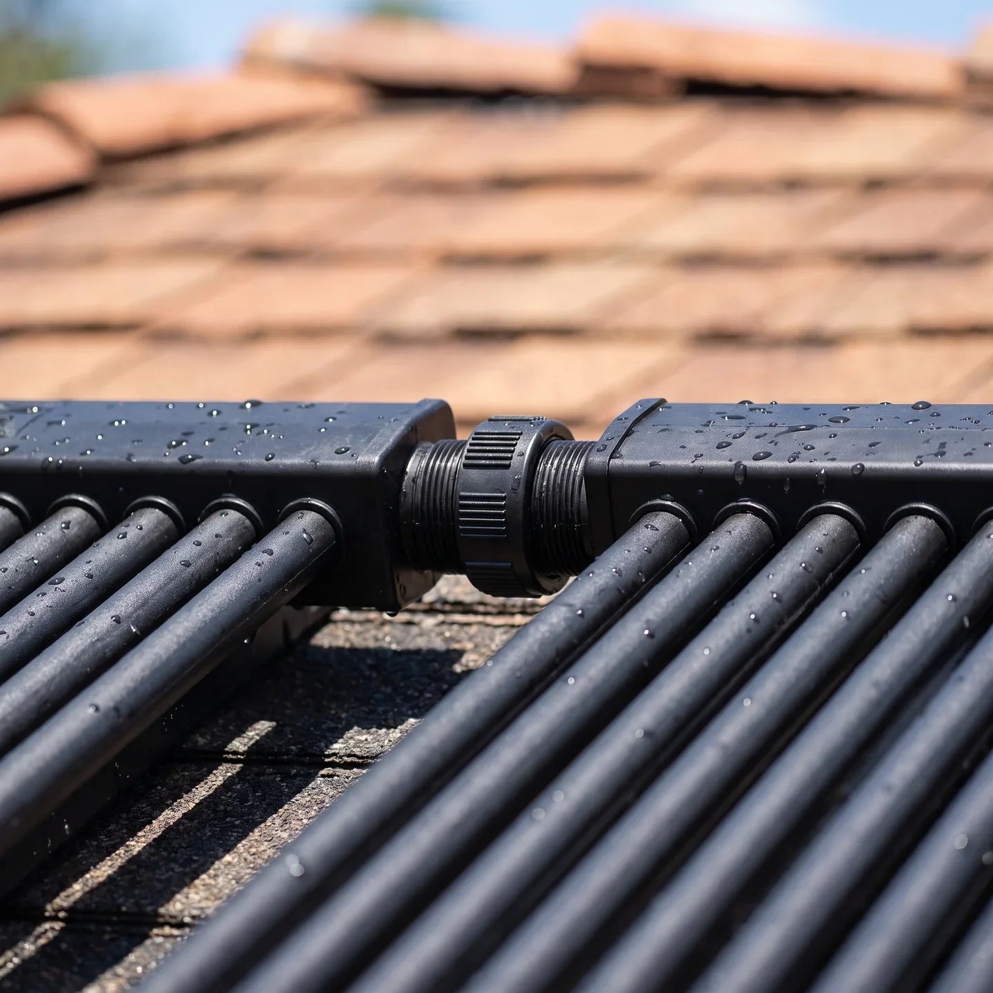 Detalle del sistema Fast-Lock que une los colectores solares Vulcano sin sellos de goma