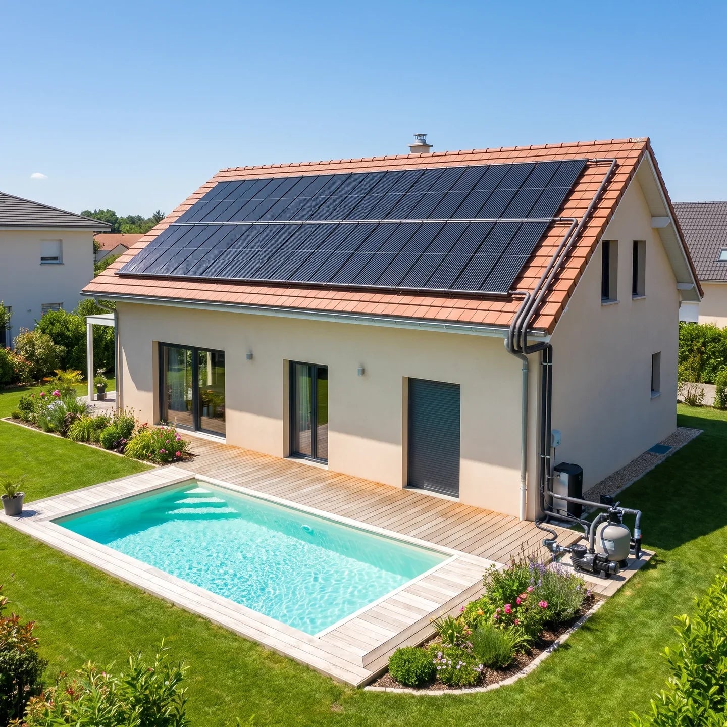 Sistema de calefacción solar Vulcano: colectores en el techo climatizando la piscina de la casa