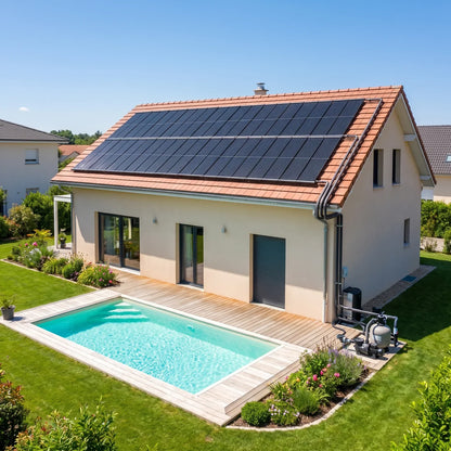 Sistema de calefacción solar Vulcano: colectores en el techo climatizando la piscina de la casa