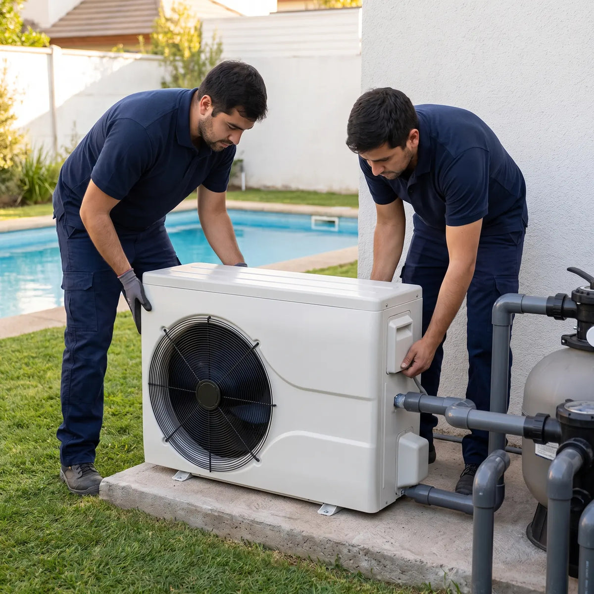 Dos técnicos instalando una bomba de calor de piscina junto al filtro