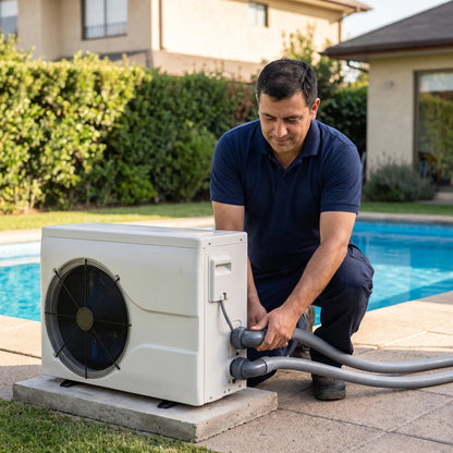 Técnico conectando la cañería de una bomba de calor de piscina junto a la piscina