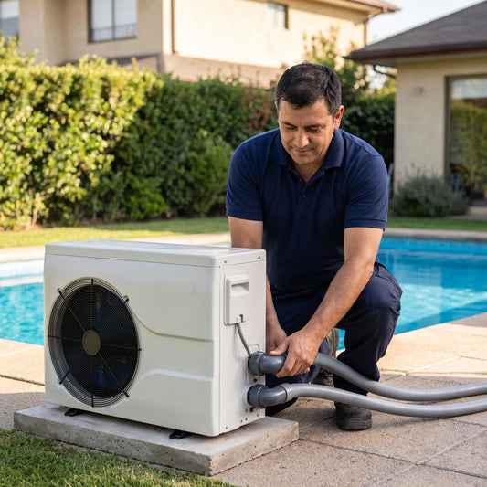 Técnico conectando la cañería de una bomba de calor de piscina junto a la piscina