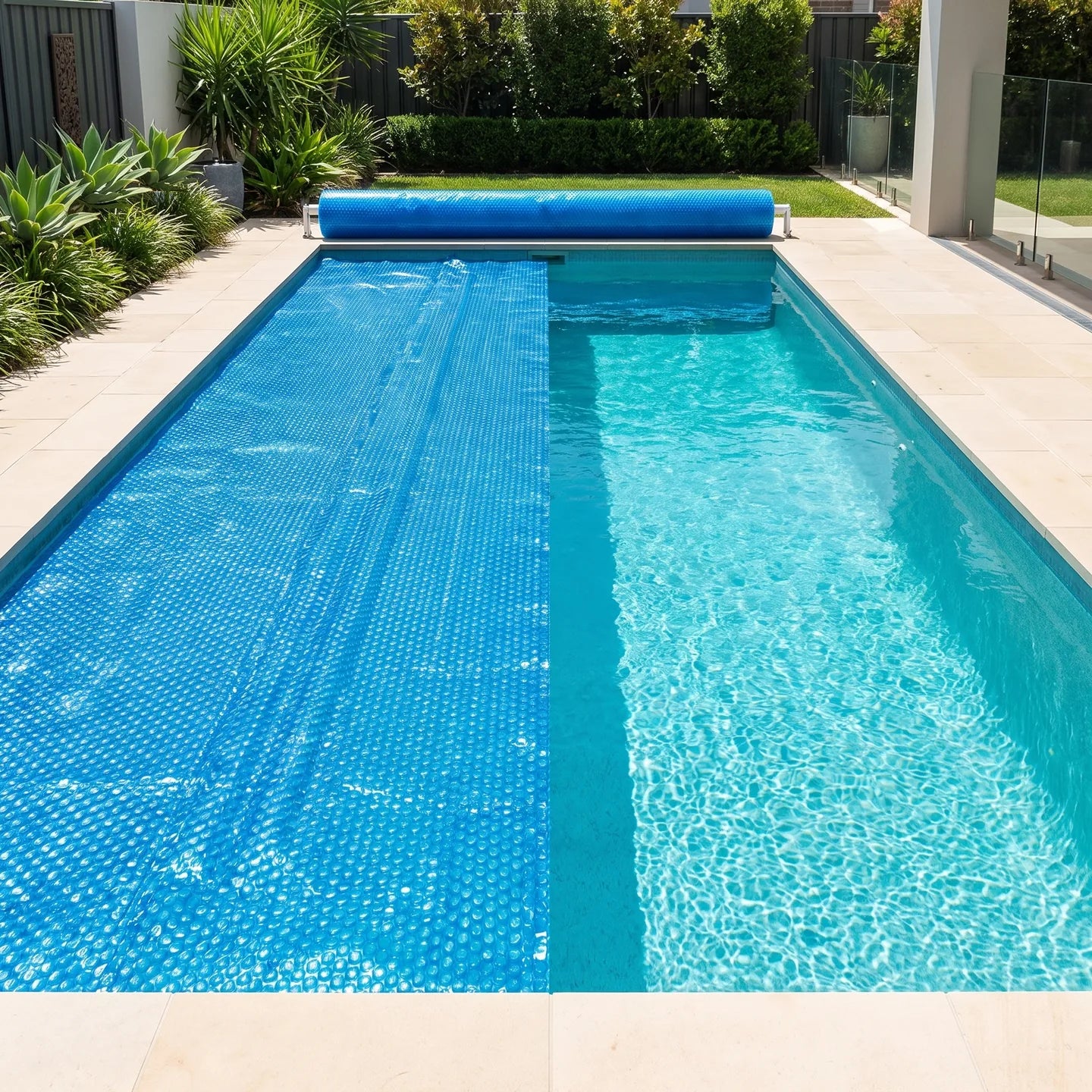Manta térmica para piscina a medio enrollar sobre el agua climatizada