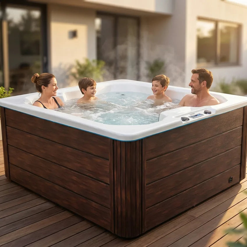 Familia disfrutando el Spa Aura en la terraza de su casa