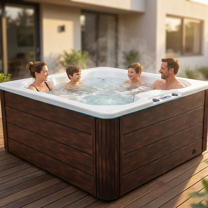 Familia disfrutando el Spa Aura en la terraza de su casa