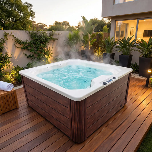 Spa Aura para 4 personas en el patio de una casa, con agua caliente y vapor