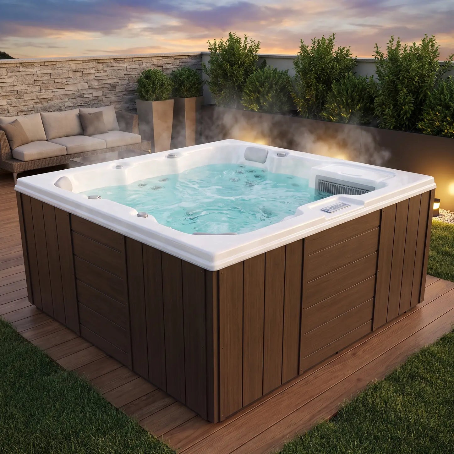 Spa Bali para 4 personas en el deck del jardín de una casa, con agua caliente y vapor