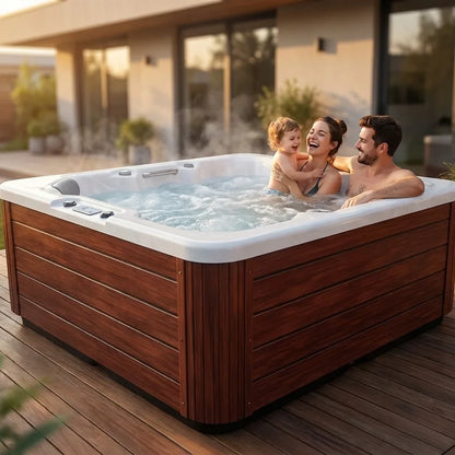 Familia disfrutando el Spa Brisa en la terraza de su casa