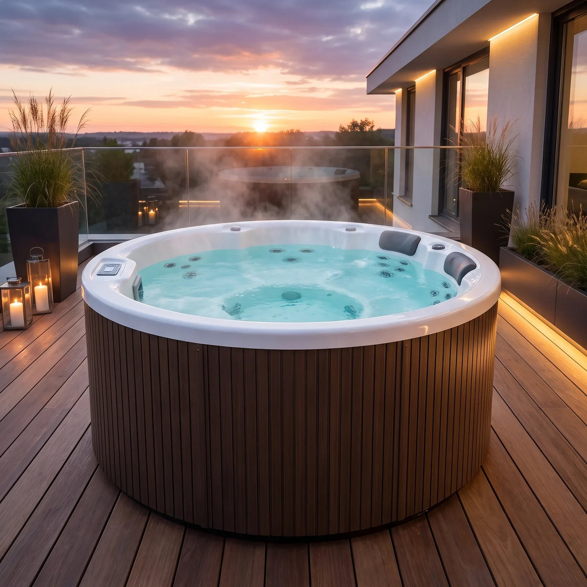 Spa Tahiti redondo para 5 personas en una terraza al atardecer, con agua caliente y vapor