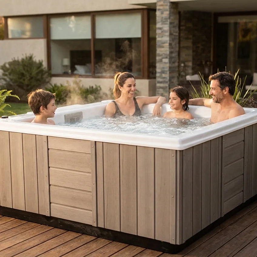 Familia disfrutando el Spa Zen en la terraza de su casa