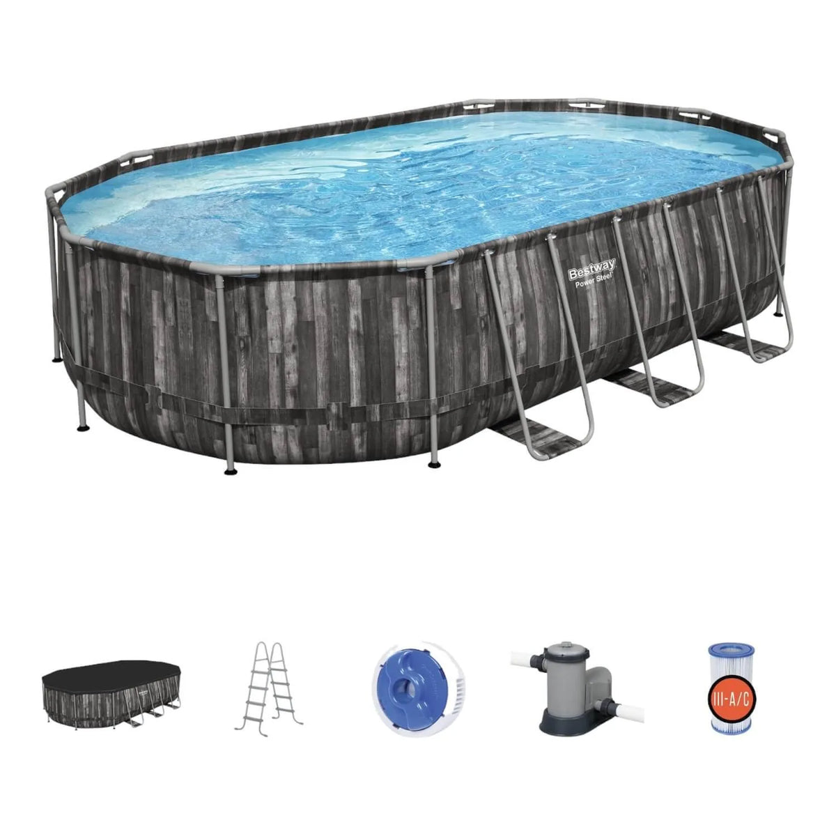 Piscina Bestway Power Steel Ovalada 6,10 x 3,66 m con sus accesorios incluidos
