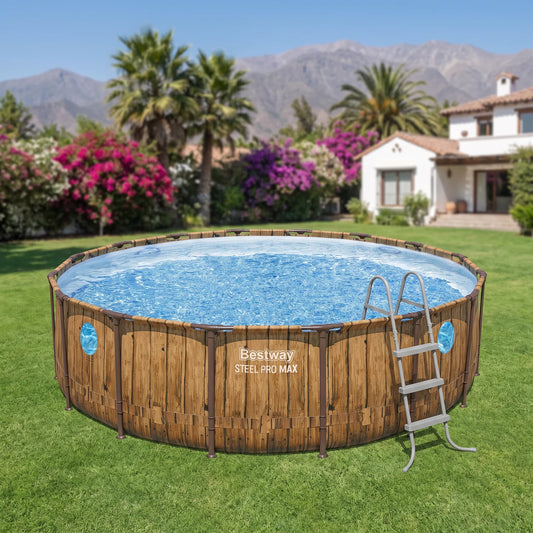 Piscina Bestway Steel Pro MAX Redonda 4,88 m con Ventanas armada en un patio con la cordillera de fondo