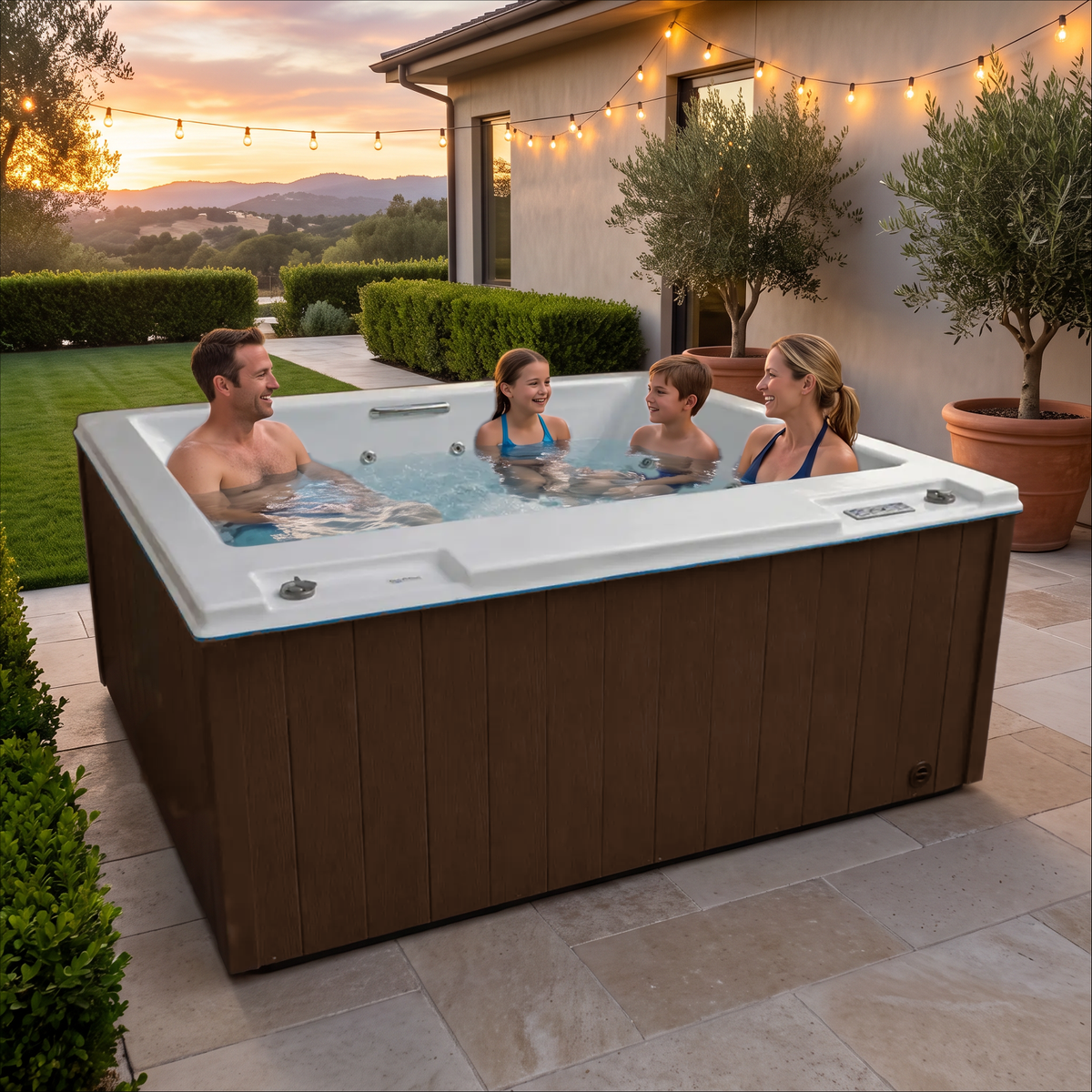 Familia de cuatro disfrutando el Spa Bali de Fibrolab con revestimiento café en el patio de su casa