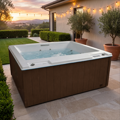 Spa Bali de Fibrolab con revestimiento café en un patio con luces colgantes al atardecer