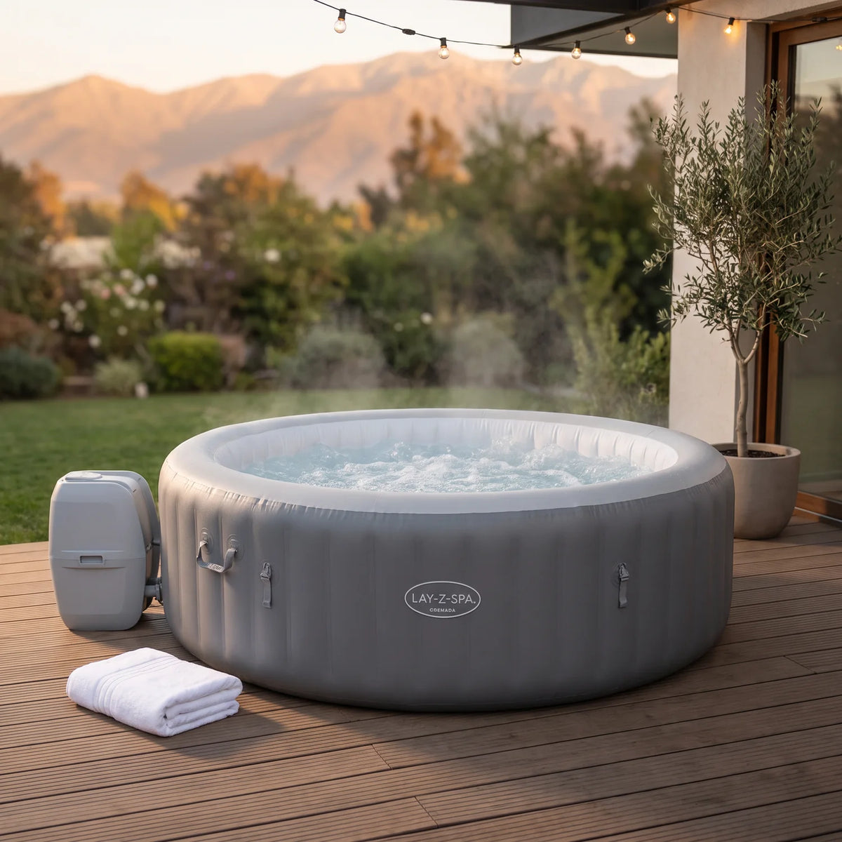 Spa Inflable Bestway Lay-Z-Spa Grenada AirJet 6-8 Personas en una terraza al atardecer