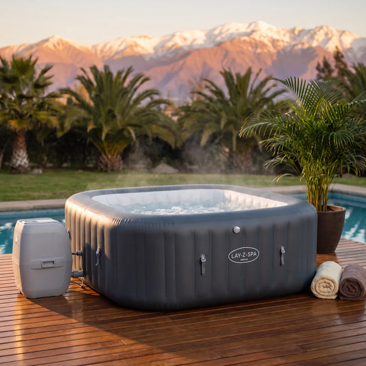 Spa Inflable Bestway Lay-Z-Spa Hawaii HydroJet Pro 4-6 Personas en una terraza al atardecer