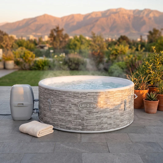 Spa Inflable Bestway Lay-Z-Spa Vancouver AirJet Plus 3-5 Personas en una terraza al atardecer