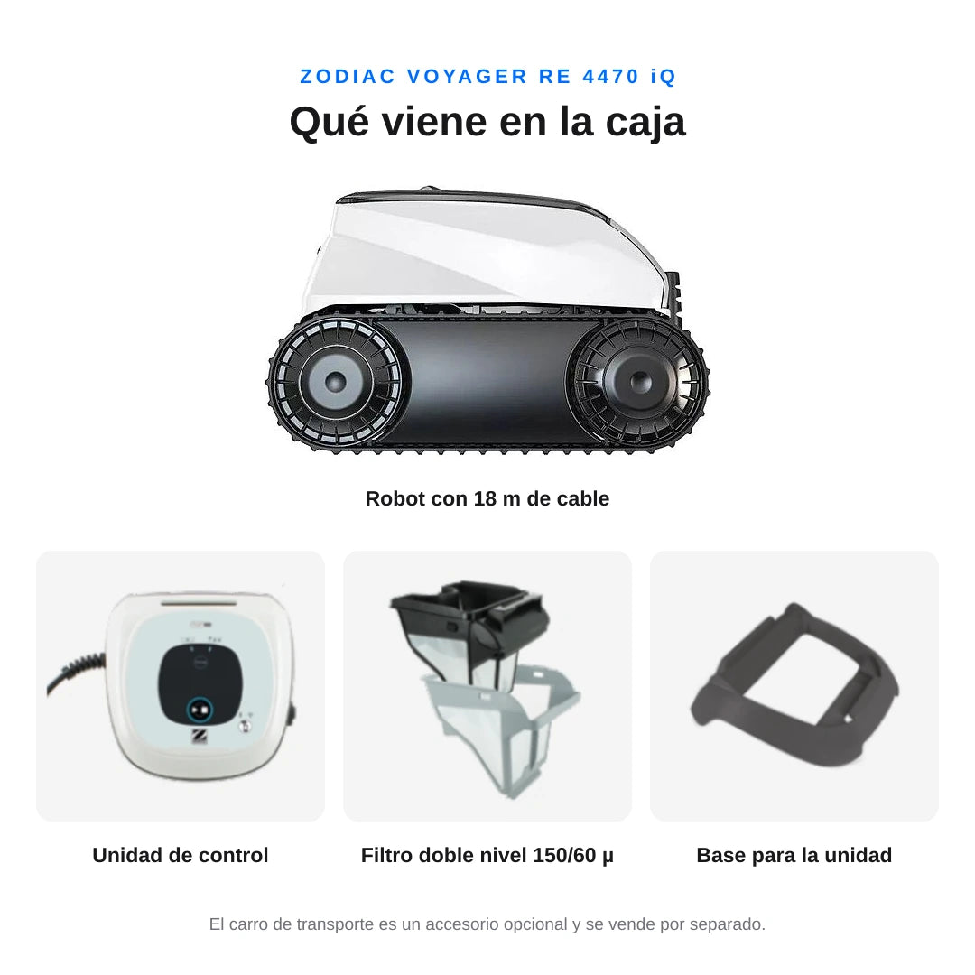Robot Limpiafondos Zodiac Voyager RE 4470 iQ – qué incluye: robot, unidad de control, base y filtro de doble nivel
