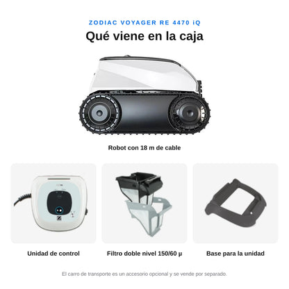 Robot Limpiafondos Zodiac Voyager RE 4470 iQ – qué incluye: robot, unidad de control, base y filtro de doble nivel