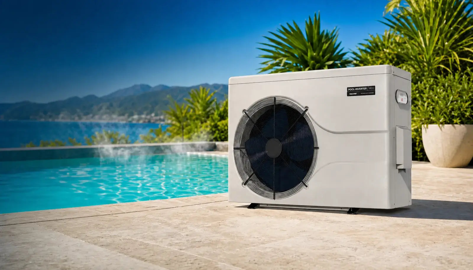 Bomba de calor para piscina instalada junto a una piscina temperada