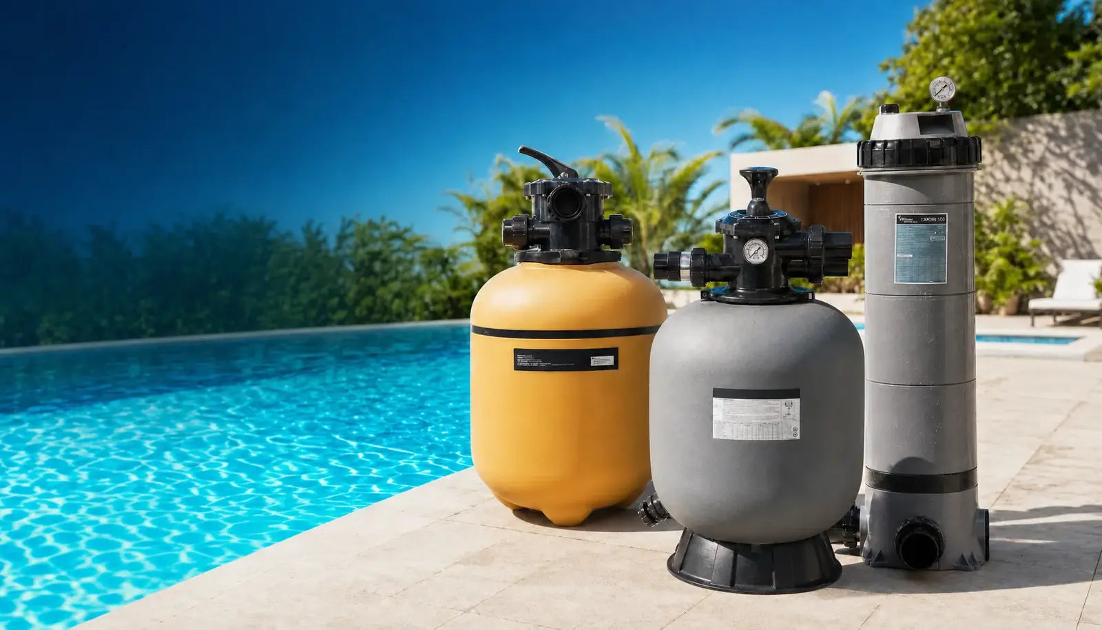 Filtros de arena y cartucho para piscina junto a una piscina