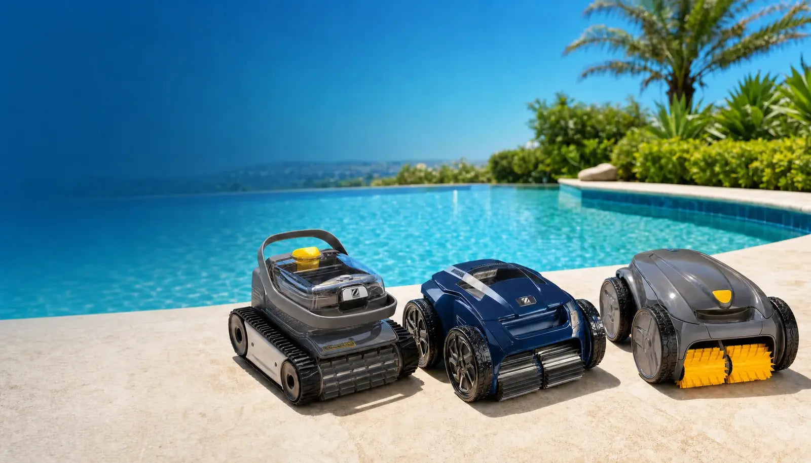 Tres modelos de robots limpiafondos para piscina junto a una piscina