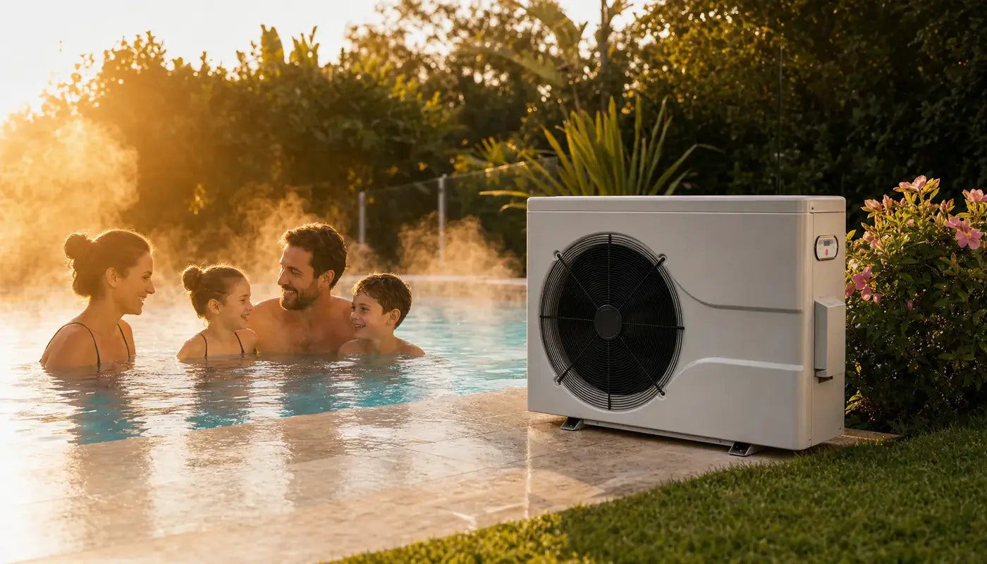 Familia disfrutando una piscina temperada junto a una bomba de calor