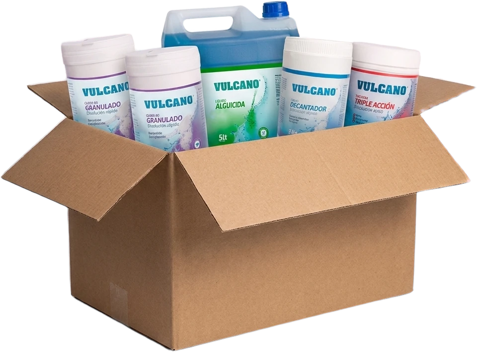 Caja llena de químicos Vulcano para piscina: cloro granulado, alguicida, decantador y tabletas